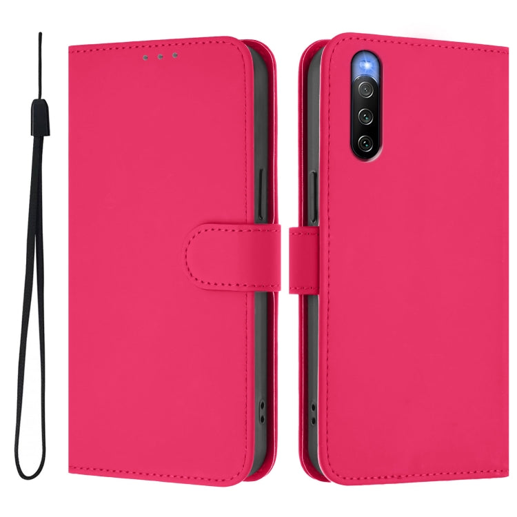 For Sony Xperia 10 V 2023 Skin Feel Solid Color Leather Phone Case with Lanyard