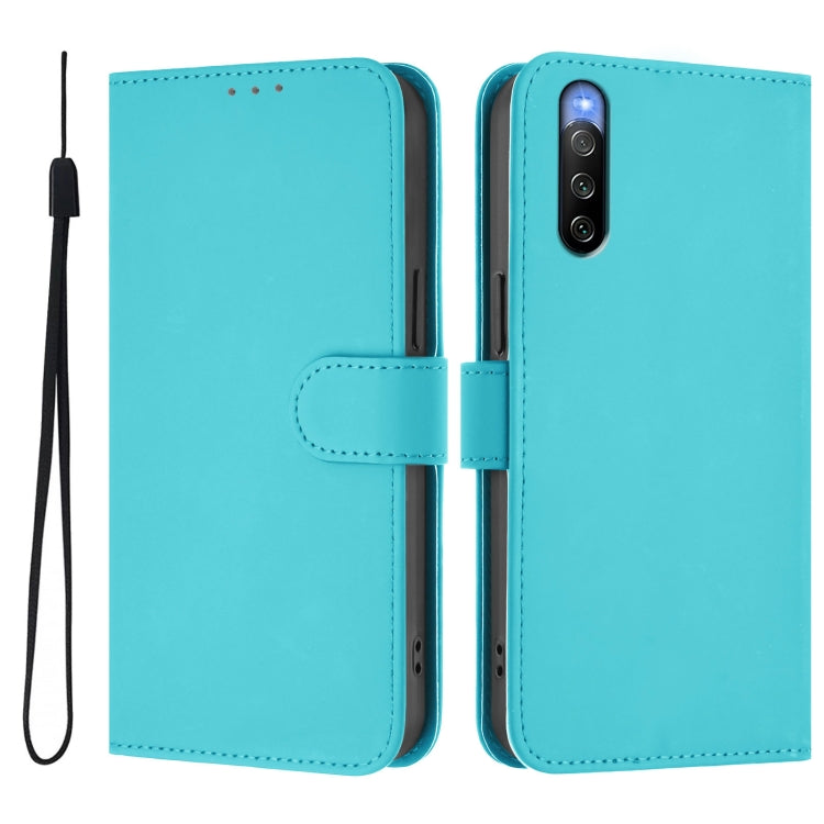 For Sony Xperia 10 V 2023 Skin Feel Solid Color Leather Phone Case with Lanyard