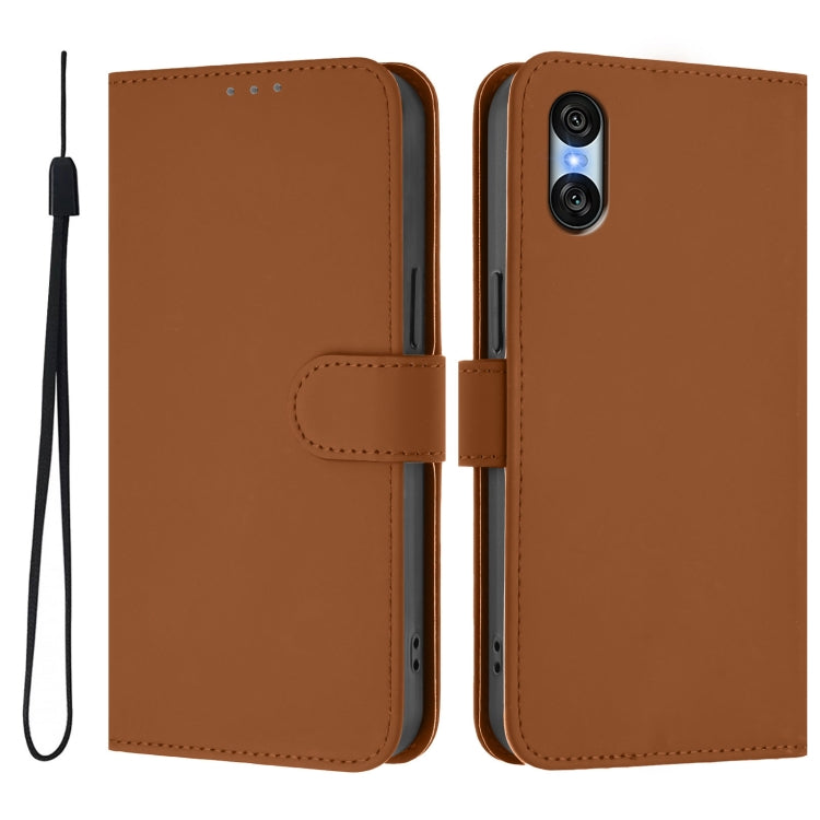 For Sony Xperia 10 VI 2024 Skin Feel Solid Color Leather Phone Case with Lanyard