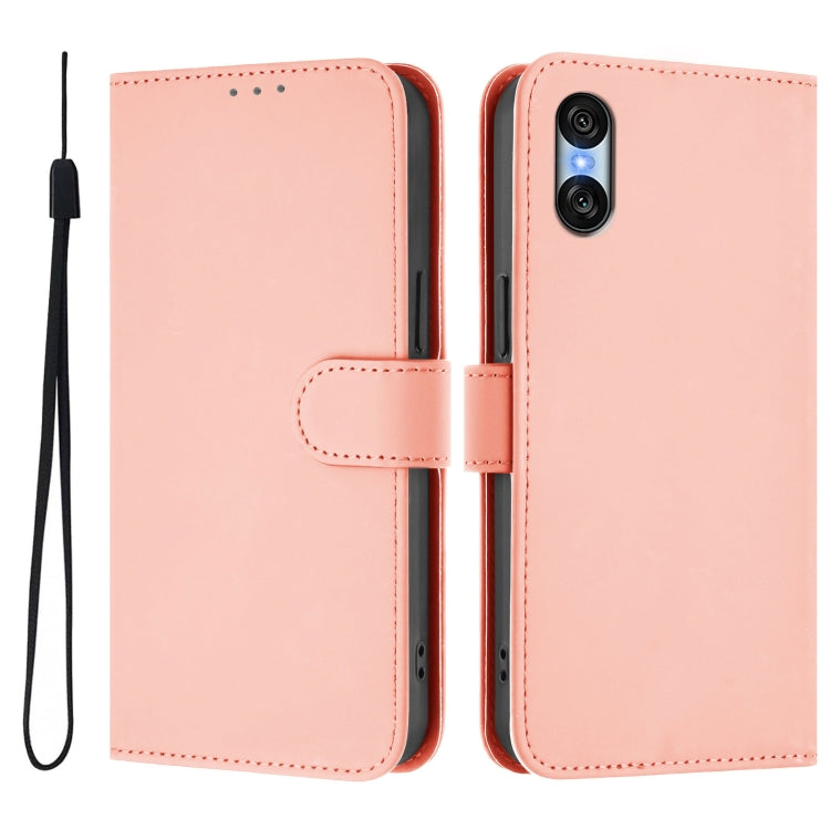 For Sony Xperia 10 VI 2024 Skin Feel Solid Color Leather Phone Case with Lanyard
