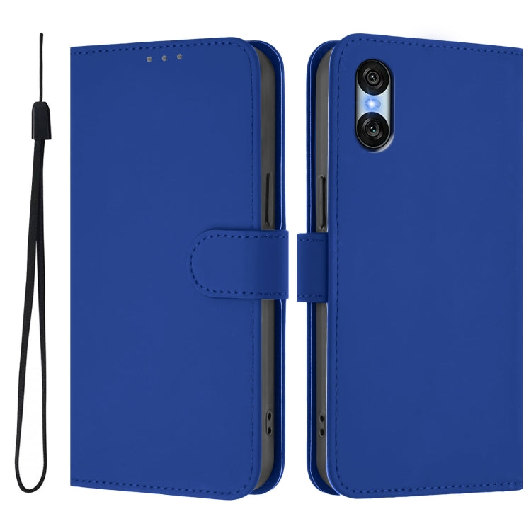 For Sony Xperia 10 VI 2024 Skin Feel Solid Color Leather Phone Case with Lanyard