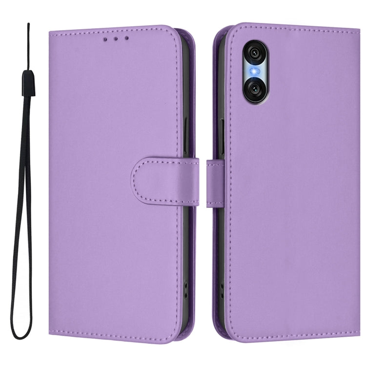 For Sony Xperia 10 VI 2024 Skin Feel Solid Color Leather Phone Case with Lanyard