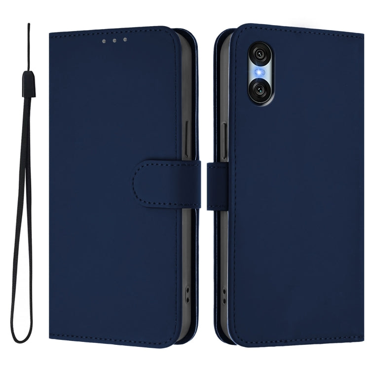 For Sony Xperia 10 VI 2024 Skin Feel Solid Color Leather Phone Case with Lanyard
