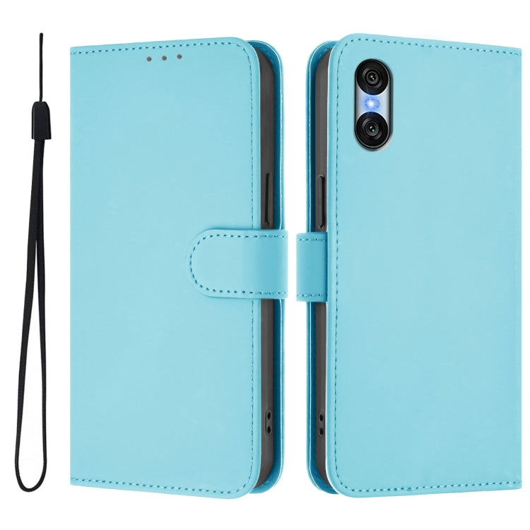 For Sony Xperia 10 VI 2024 Skin Feel Solid Color Leather Phone Case with Lanyard