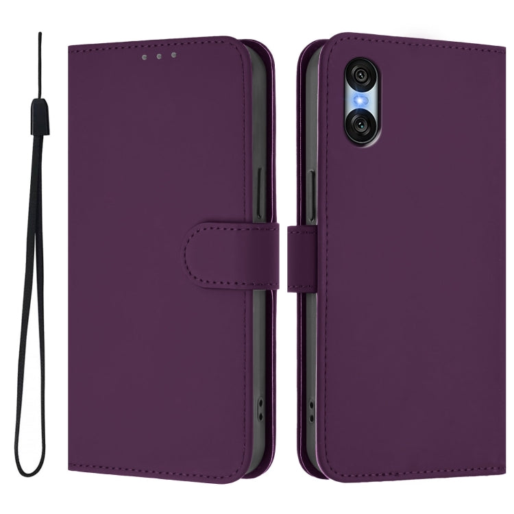 For Sony Xperia 10 VI 2024 Skin Feel Solid Color Leather Phone Case with Lanyard