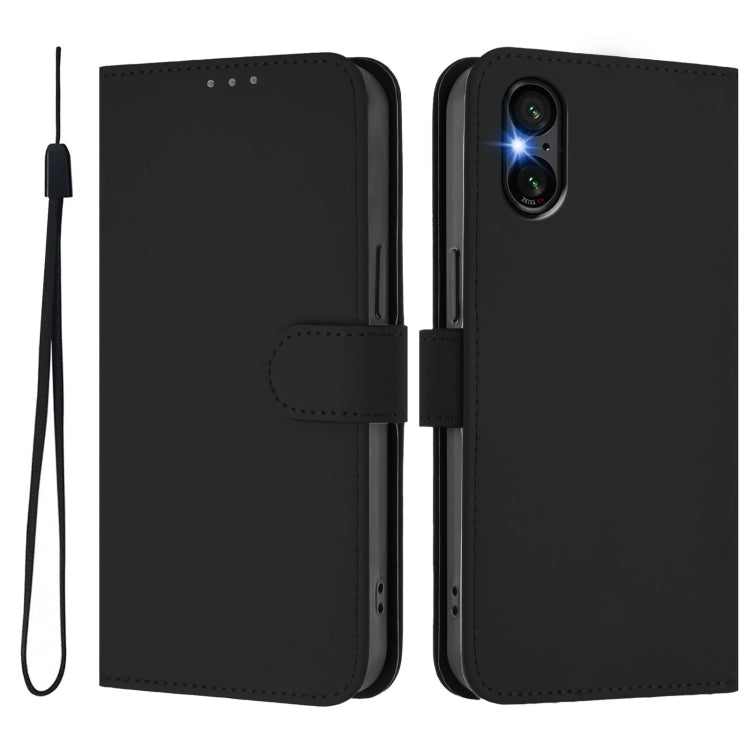 For Sony Xperia 5 VI Skin Feel Solid Color Leather Phone Case with Lanyard