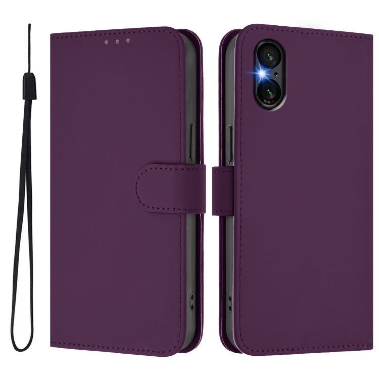 For Sony Xperia 5 VI Skin Feel Solid Color Leather Phone Case with Lanyard