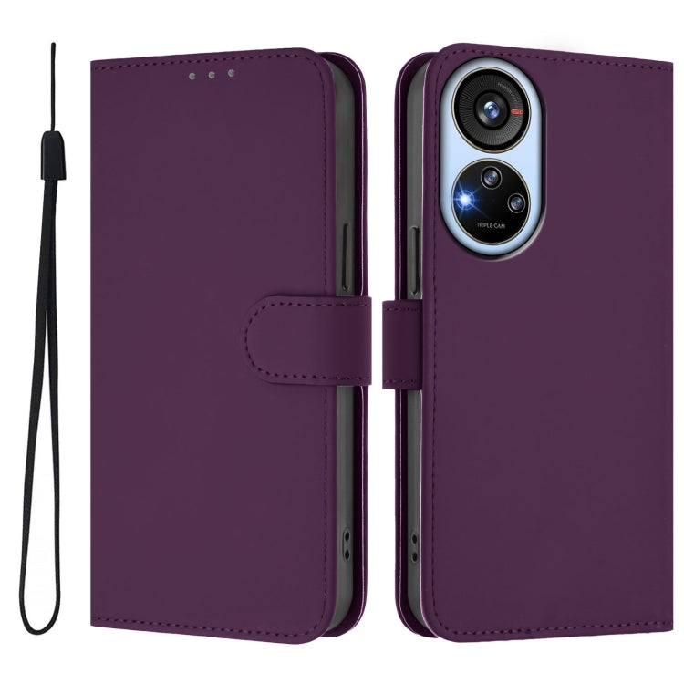 For ZTE Blade V40s Skin Feel Solid Color Leather Phone Case with Lanyard