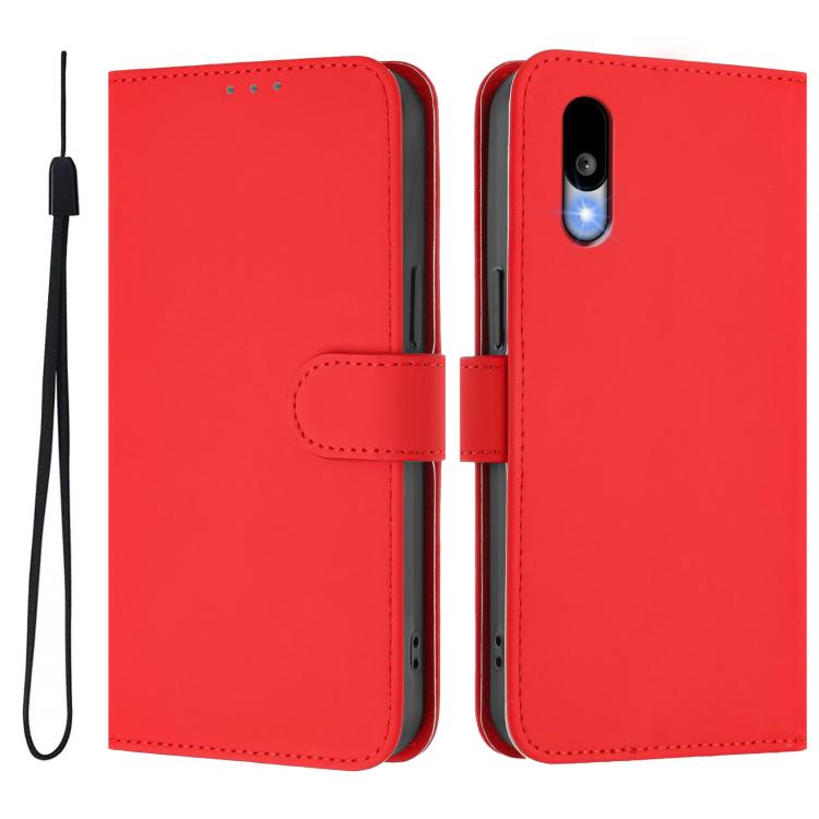 For Sharp Basio Active3 Skin Feel Solid Color Leather Phone Case with Lanyard