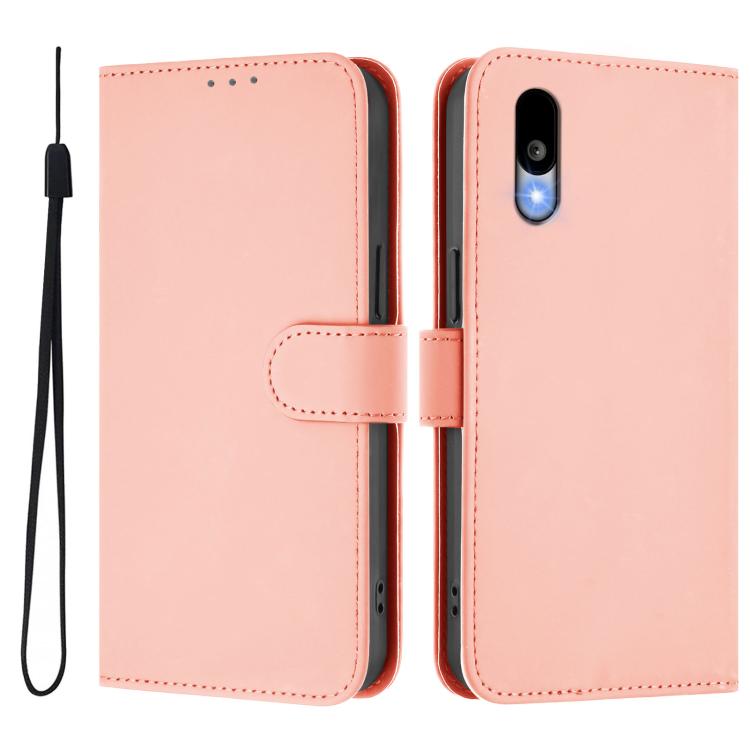 For Sharp Basio Active3 Skin Feel Solid Color Leather Phone Case with Lanyard