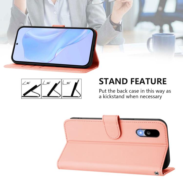 For Sharp Basio Active3 Skin Feel Solid Color Leather Phone Case with Lanyard