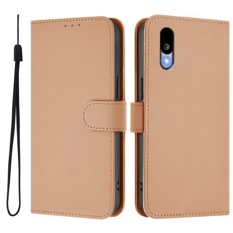 For Sharp Basio Active3 Skin Feel Solid Color Leather Phone Case with Lanyard