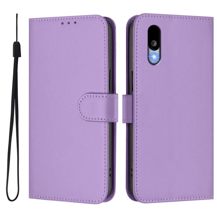 For Sharp Basio Active3 Skin Feel Solid Color Leather Phone Case with Lanyard