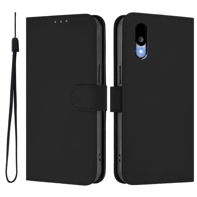 For Sharp Basio Active3 Skin Feel Solid Color Leather Phone Case with Lanyard