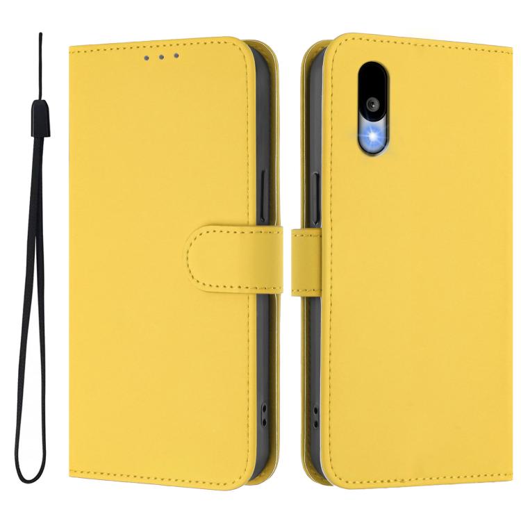 For Sharp Basio Active3 Skin Feel Solid Color Leather Phone Case with Lanyard