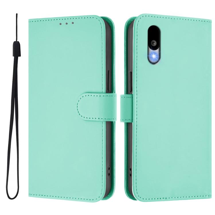 For Sharp Basio Active3 Skin Feel Solid Color Leather Phone Case with Lanyard