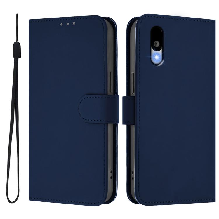 For Sharp Basio Active3 Skin Feel Solid Color Leather Phone Case with Lanyard