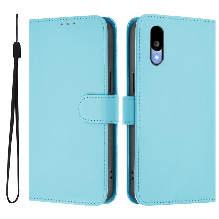 For Sharp Basio Active3 Skin Feel Solid Color Leather Phone Case with Lanyard
