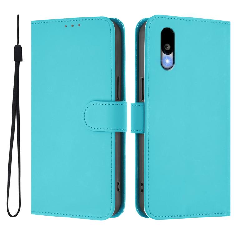 For Sharp Basio Active3 Skin Feel Solid Color Leather Phone Case with Lanyard