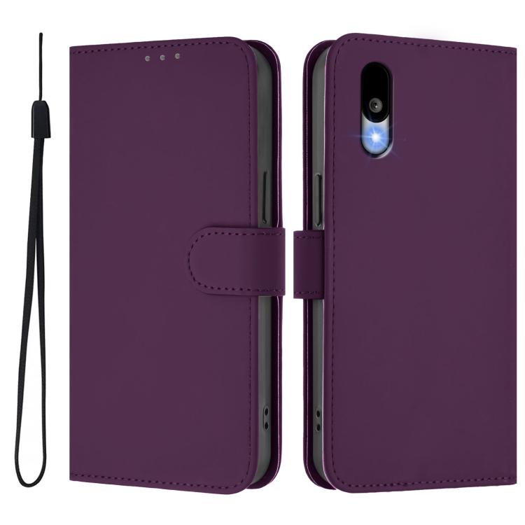 For Sharp Basio Active3 Skin Feel Solid Color Leather Phone Case with Lanyard