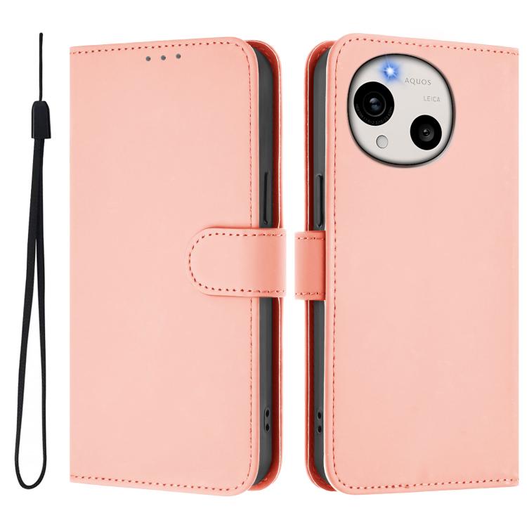 For Sharp Aquos R11 Skin Feel Solid Color Leather Phone Case with Lanyard