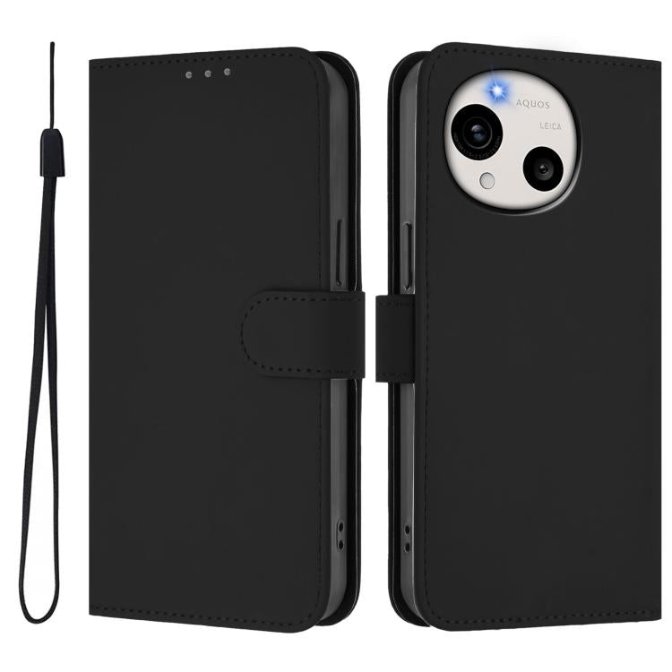 For Sharp Aquos R11 Skin Feel Solid Color Leather Phone Case with Lanyard