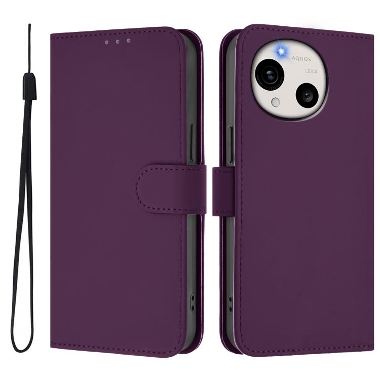 For Sharp Aquos R11 Skin Feel Solid Color Leather Phone Case with Lanyard