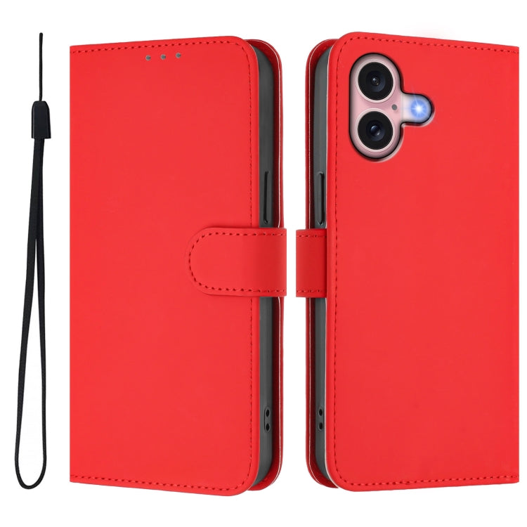 For iPhone 16 Skin Feel Solid Color Leather Phone Case with Lanyard
