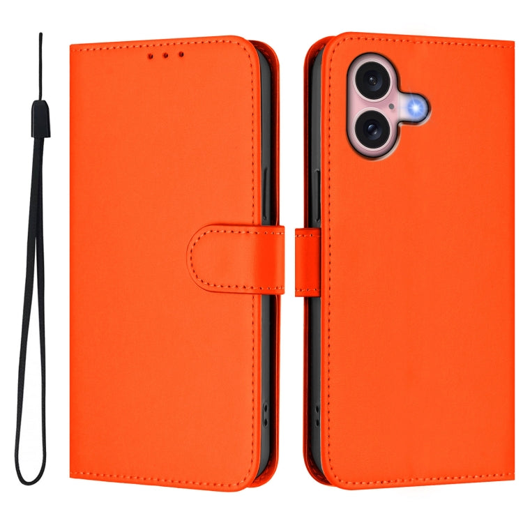 For iPhone 16 Skin Feel Solid Color Leather Phone Case with Lanyard