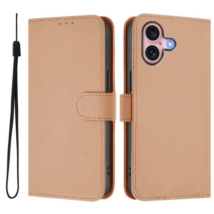 For iPhone 16 Skin Feel Solid Color Leather Phone Case with Lanyard