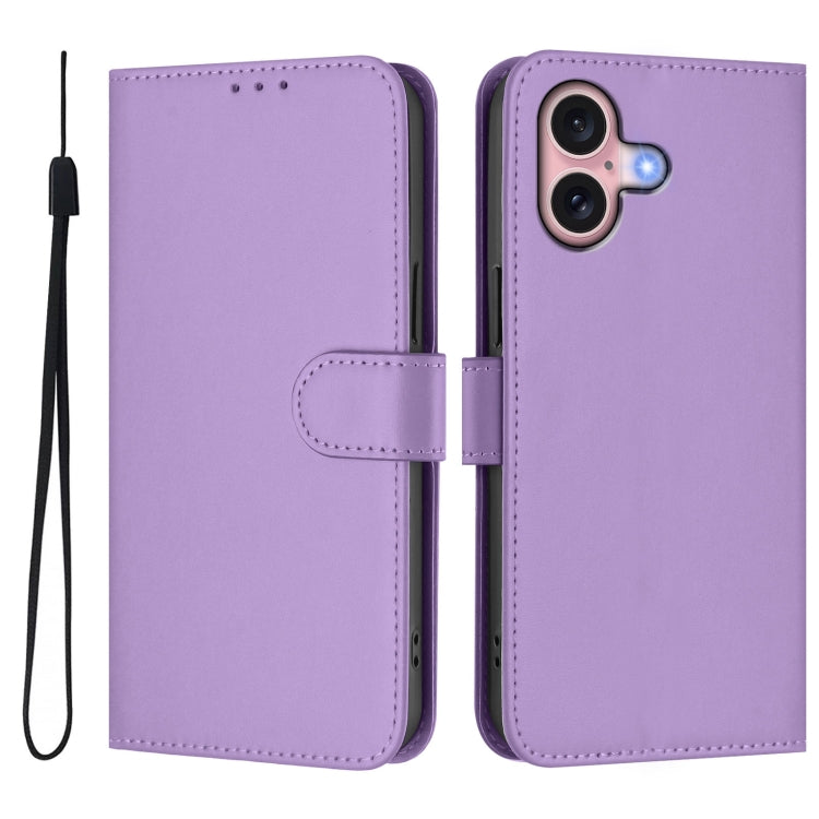 For iPhone 16 Skin Feel Solid Color Leather Phone Case with Lanyard