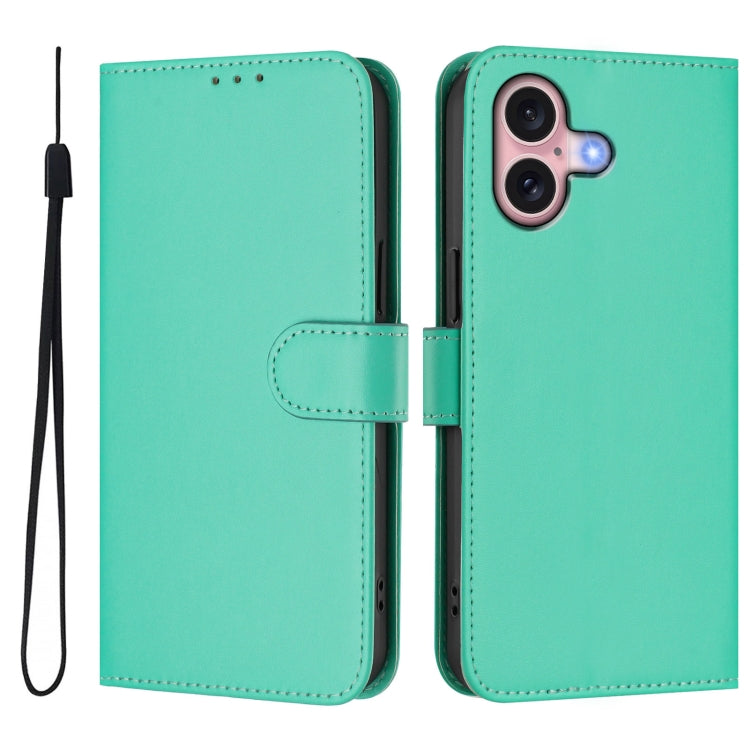 For iPhone 16 Skin Feel Solid Color Leather Phone Case with Lanyard
