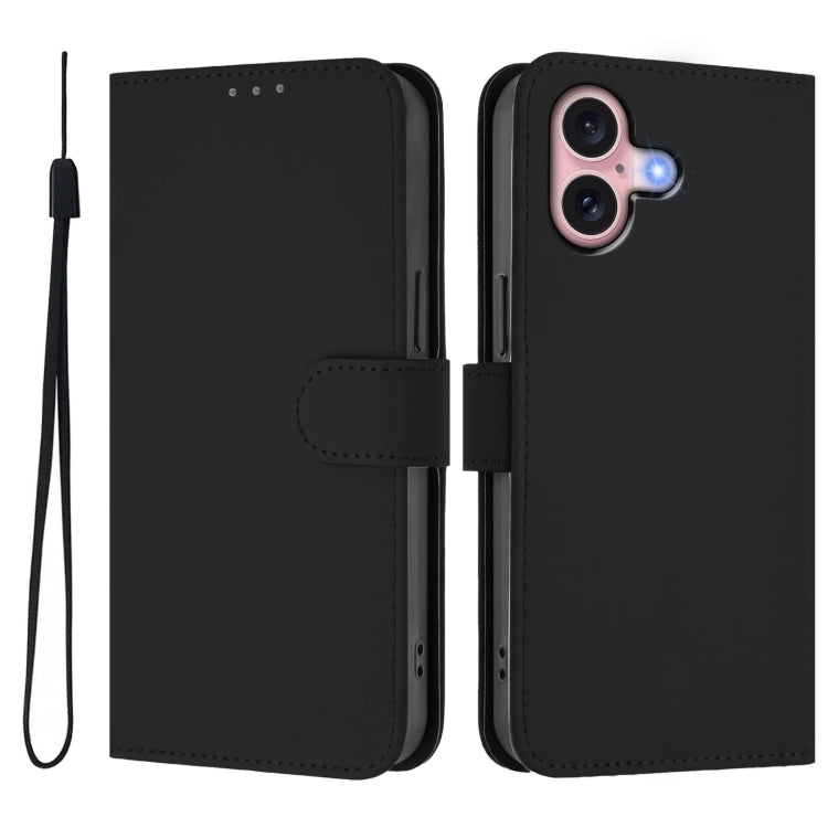 For iPhone 16 Skin Feel Solid Color Leather Phone Case with Lanyard