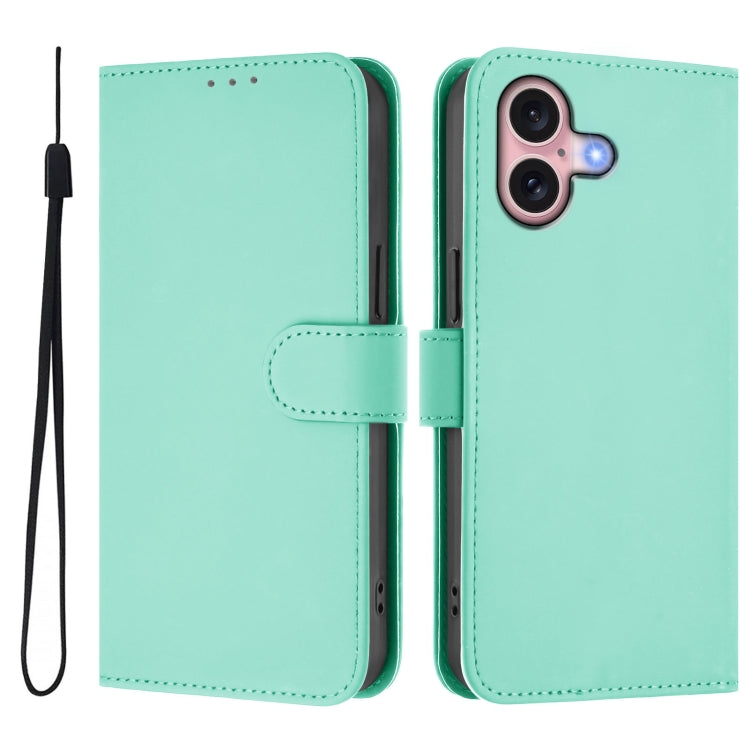 For iPhone 16 Skin Feel Solid Color Leather Phone Case with Lanyard