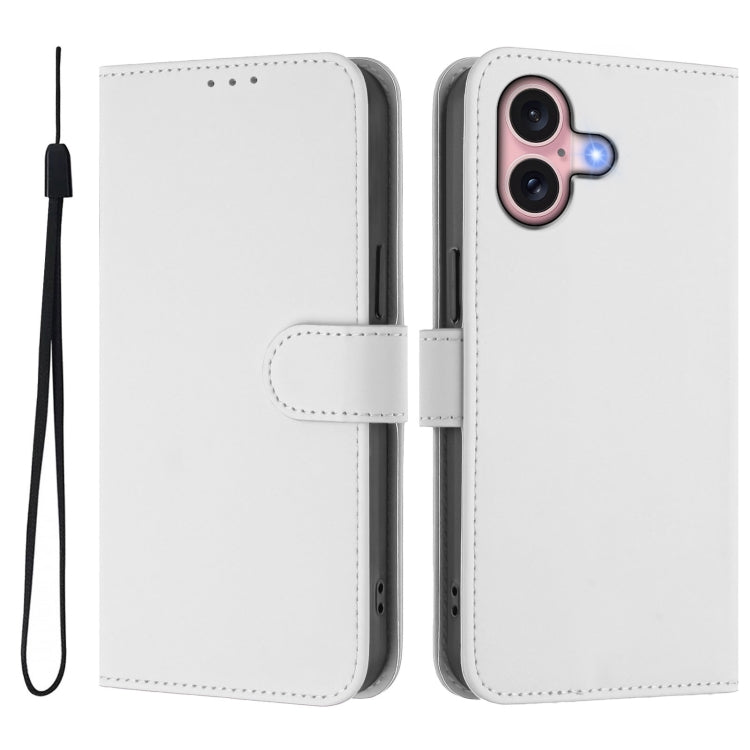 For iPhone 16 Skin Feel Solid Color Leather Phone Case with Lanyard