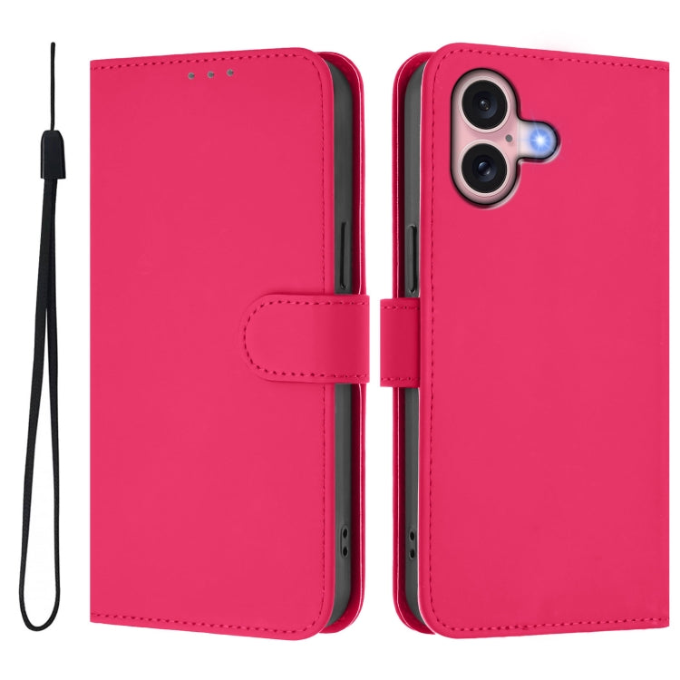 For iPhone 16 Skin Feel Solid Color Leather Phone Case with Lanyard