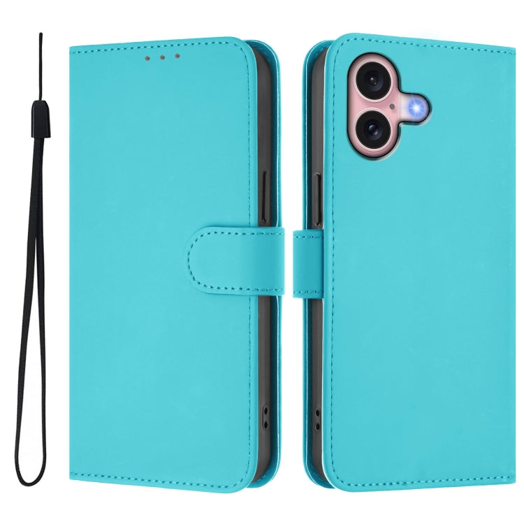For iPhone 16 Skin Feel Solid Color Leather Phone Case with Lanyard