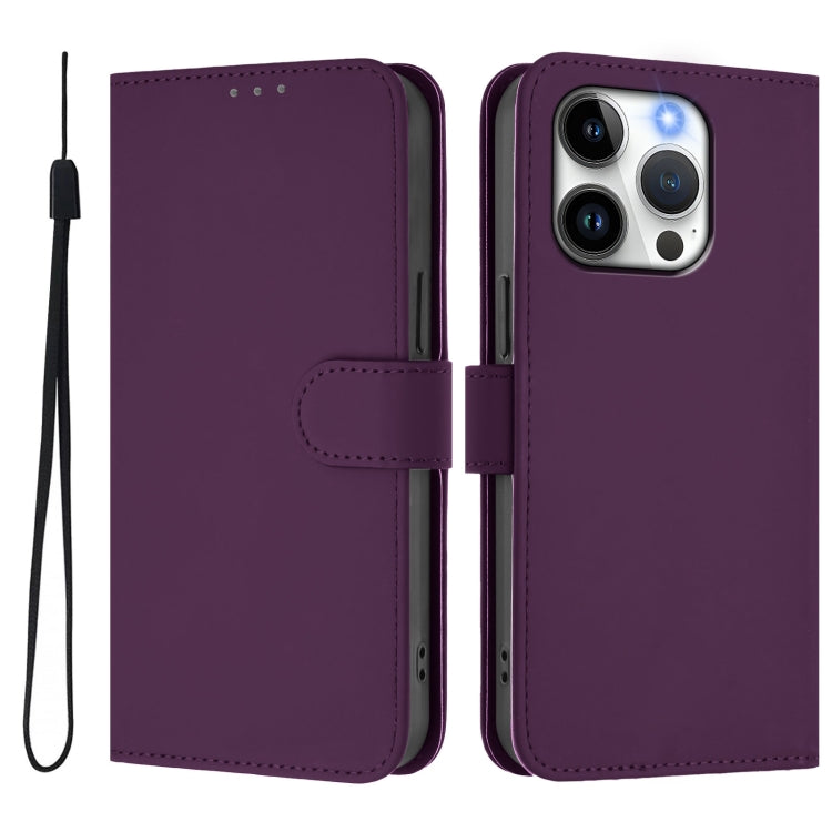 For iPhone 15 Pro Skin Feel Solid Color Leather Phone Case with Lanyard