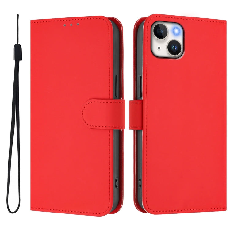 For iPhone 15 Plus Skin Feel Solid Color Leather Phone Case with Lanyard