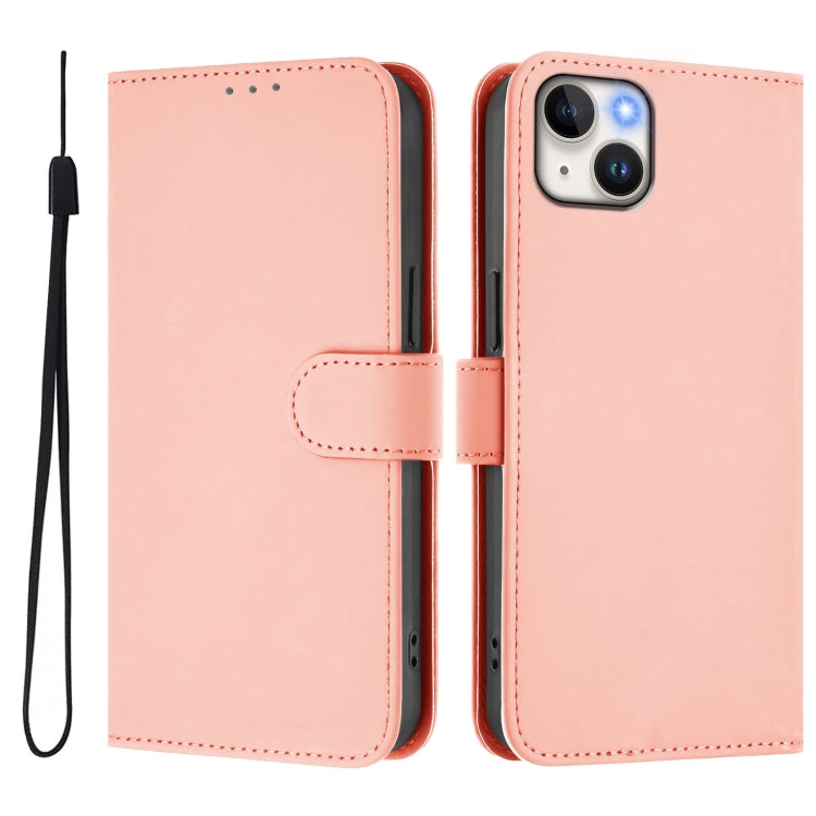 For iPhone 15 Plus Skin Feel Solid Color Leather Phone Case with Lanyard
