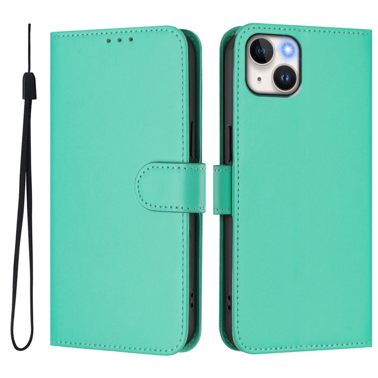 For iPhone 15 Plus Skin Feel Solid Color Leather Phone Case with Lanyard