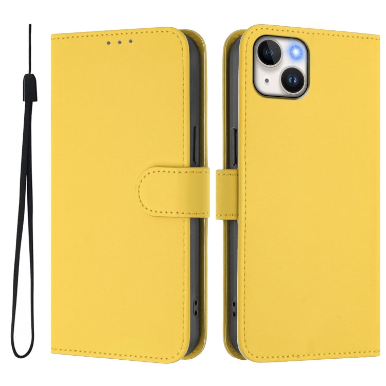 For iPhone 15 Plus Skin Feel Solid Color Leather Phone Case with Lanyard