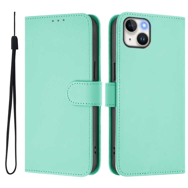 For iPhone 15 Plus Skin Feel Solid Color Leather Phone Case with Lanyard