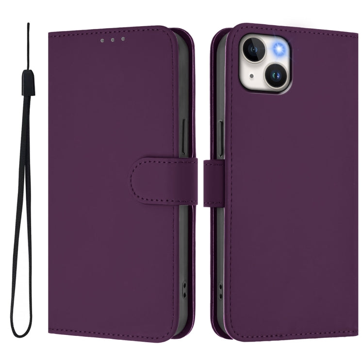 For iPhone 15 Plus Skin Feel Solid Color Leather Phone Case with Lanyard