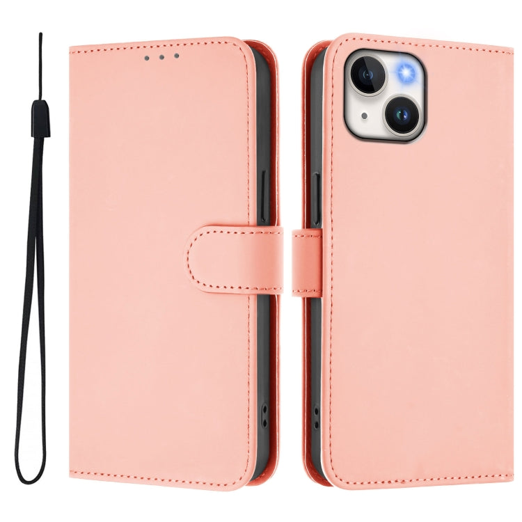 For iPhone 15 Skin Feel Solid Color Leather Phone Case with Lanyard