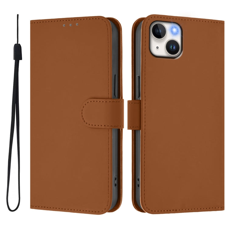 For iPhone 14 Plus Skin Feel Solid Color Leather Phone Case with Lanyard
