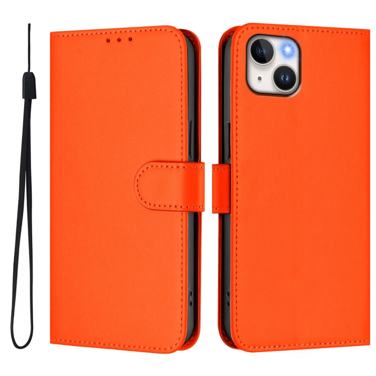 For iPhone 14 Plus Skin Feel Solid Color Leather Phone Case with Lanyard