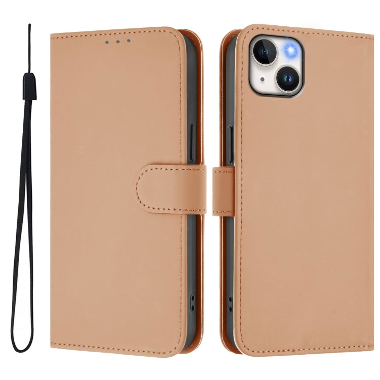 For iPhone 14 Plus Skin Feel Solid Color Leather Phone Case with Lanyard