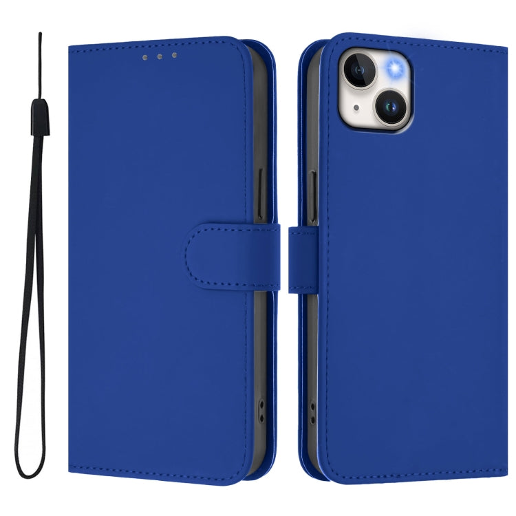 For iPhone 14 Plus Skin Feel Solid Color Leather Phone Case with Lanyard