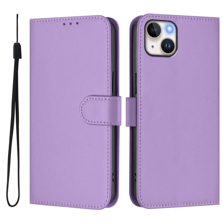 For iPhone 14 Plus Skin Feel Solid Color Leather Phone Case with Lanyard